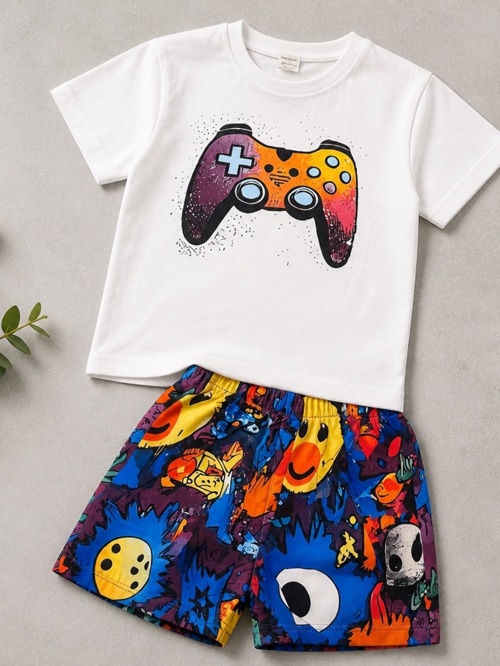 Kids White Game Controller Tee and Colorful Printed Shorts Pajama Set